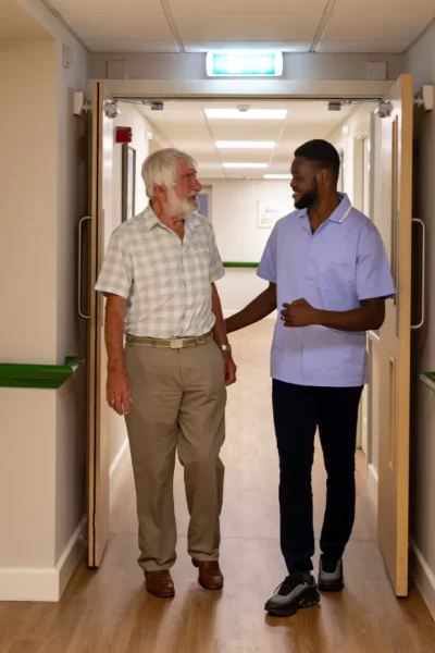 Care Home Resident and Carer in Hallway